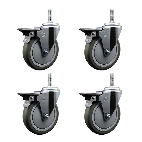 5 Inch Gray Polyurethane Wheel Swivel 58 Inch Threaded Stem Caster Set with Brake SCC